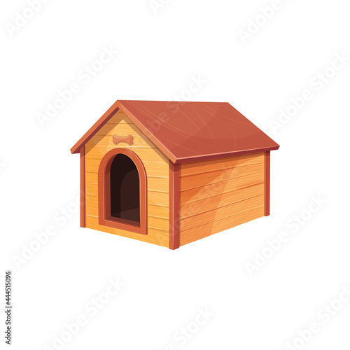 Doghouse isolated wooden dog house realistic icon. Vector wooden home of dog with roof and bone above enter. Empty construction for pet animals, brown cabin building flat design, outside outdoor house