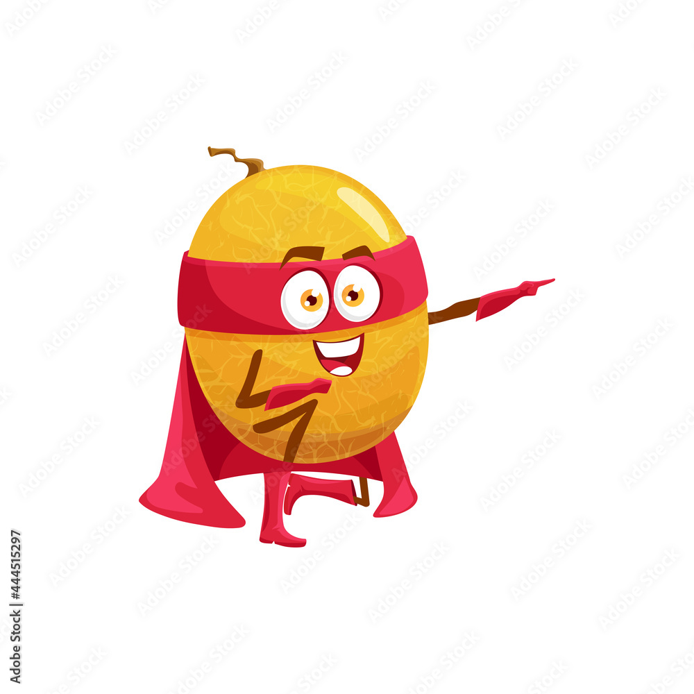 Fototapeta premium Melon superhero fruit cartoon character, vector food in super hero costume and mask. Happy melon fruit with energy power in magic cape, organic natural food superpower