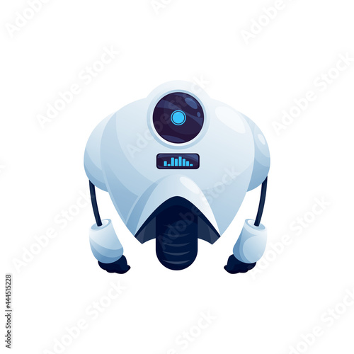 Robot with big camera display on head, on one wheel isolated futuristic character. Vector electronic cyborg, humanoid artificial intelligence machine. Friendly bot, single wheeled ai automation