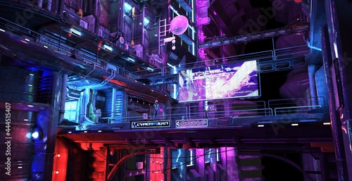 Purple neon night in a industrial zone of a cyberpunk city. Futuristic cityscape. City of a future with bright neon lights. Grunge urban wallpaper. 3D illustration.