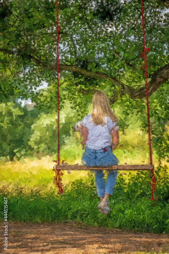 Young woman with a white dog on a tree swing. Multicolored texture painting