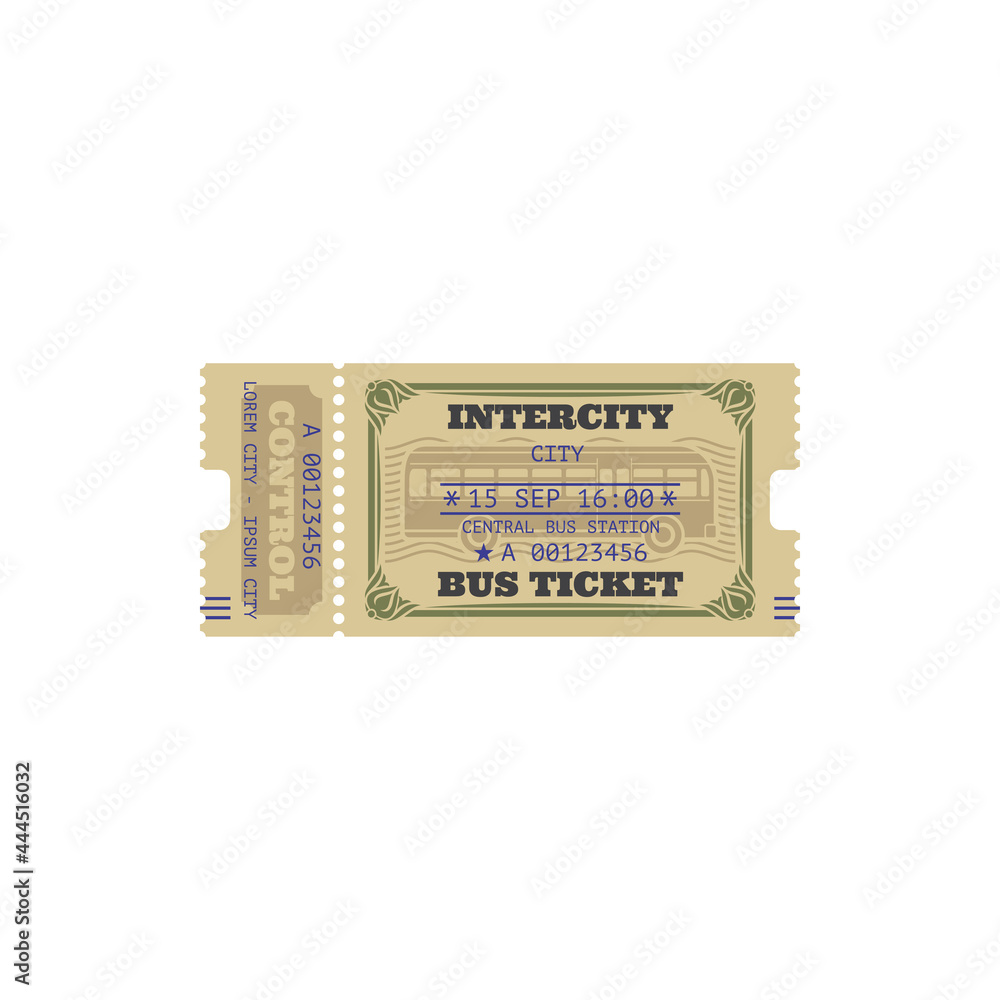 Intercity bus ticket isolated template. Vector central bus station control pass, date and departure time mention, admission to go by public city transport. Cardboard control coupon, admit one Intercity bus ticket isolated template. Vector central bus station control pass, date and departure time mention, admission to go by public city transport. Cardboard control coupon, admit one