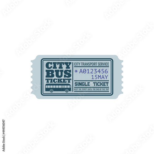 Ticket on bus, city transport service isolated retro blue coupon with control number and date. Vector single boarding, coupon on intercity transport. One way or single ticket, keep until end of trip