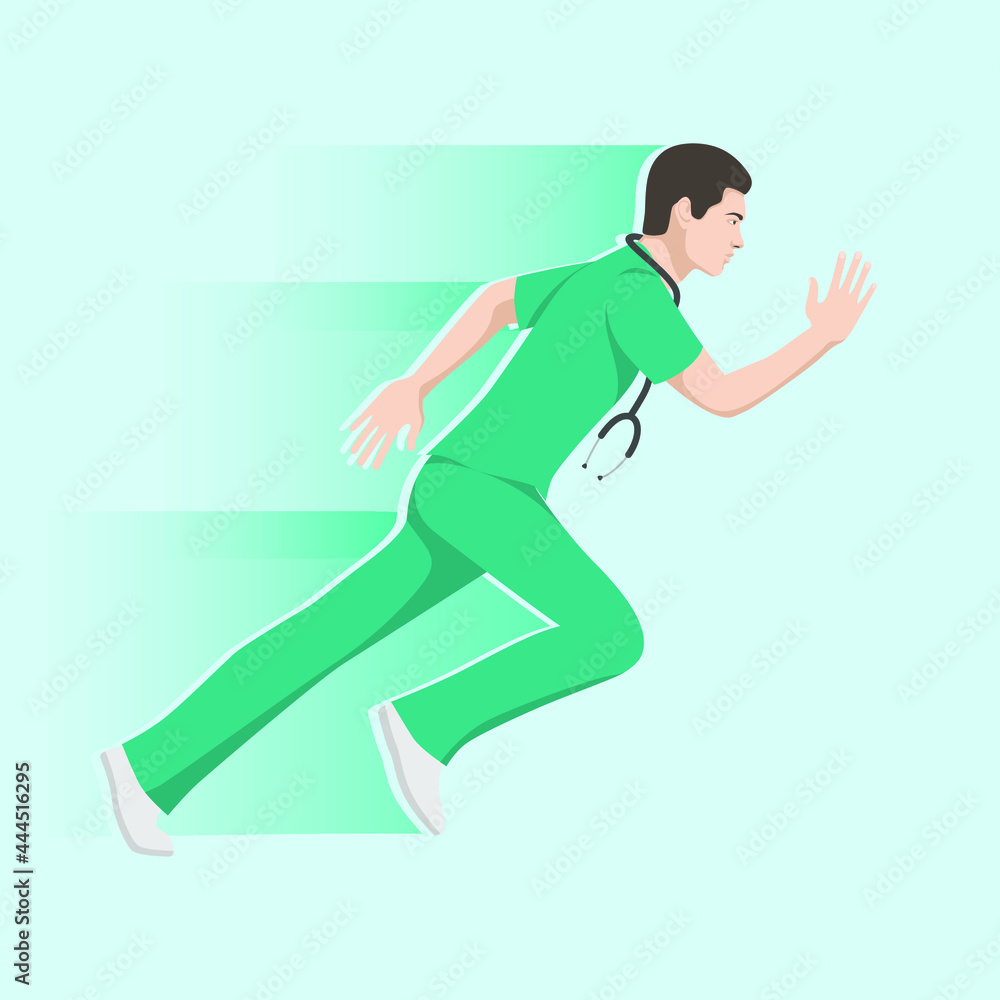 Emergency care concept. Doctor running to help his patients. Handsome male doctor surgeon in uniform with stethoscope. Emergency medical services flat vector illustration.
