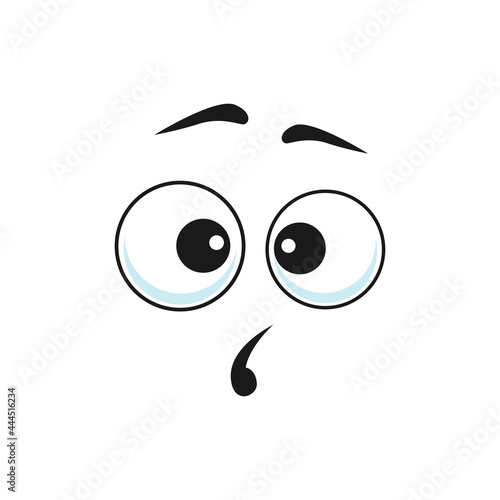 Surprised cartoon face vector curious funny emoji, astonished facial expression with open mouth and goggle eyes. Wow feelings isolated on white background