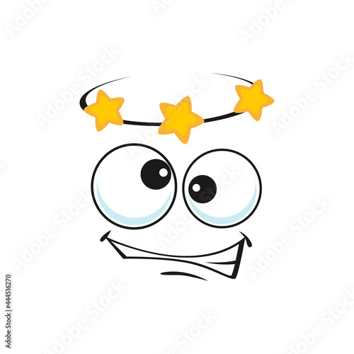 Cartoon dizzy face, vector dizziness emoji with stars over head and slanting eyes, vertigo funny facial expression. Human feelings, comic character emotion isolated on white background