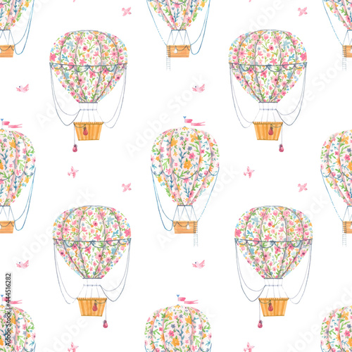 Beautiful vector seamless pattern with cute watercolor hand drawn air baloons with gentle flowers. Stock illustration.
