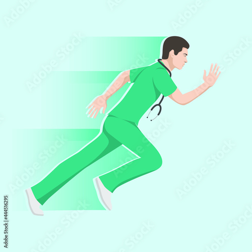 Emergency care concept. Doctor running to help his patients. Handsome male doctor surgeon in uniform with stethoscope. Emergency medical services flat vector illustration.