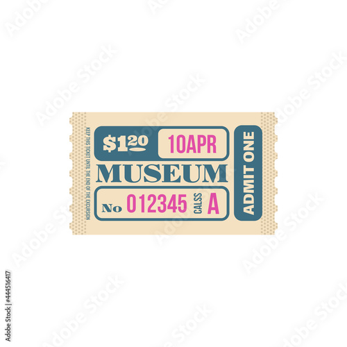 Retro ticket to museum isolated random coupon card. Vector admit one admission to visit exhibition, performance or excursion in museum. Raffle coupon with date and price, special voucher, class A