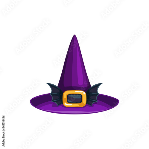 Cartoon witch hat vector icon, violet magician headwear with golden buckle and bat wings. Wizard cap with cone crown, halloween costume isolated on white background