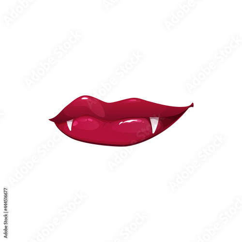 Vampire mouth with sharp fangs vector icon. Cartoon closed female red lips with long pointed white teeth express emotion isolated on white background