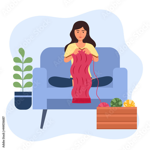 Woman knitting scarf with knitting needles and pink yarn in flat design on white background. Female hobby. Leisure activity.