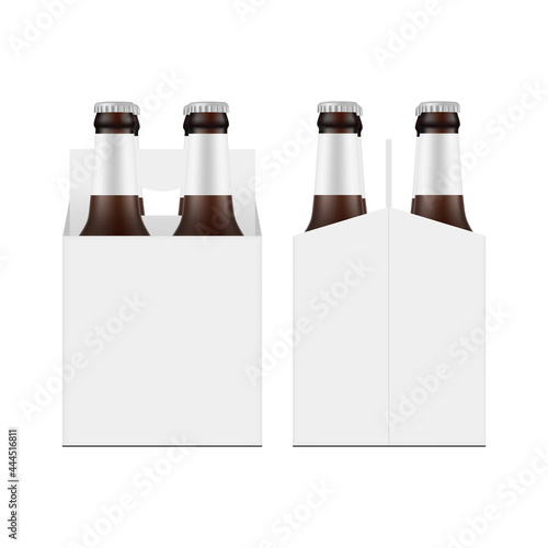 Carrier Packaging Box Mockup with Four Brown Glass Beer Bottles, Front and Side View, Isolated on White Background. Vector Illustration