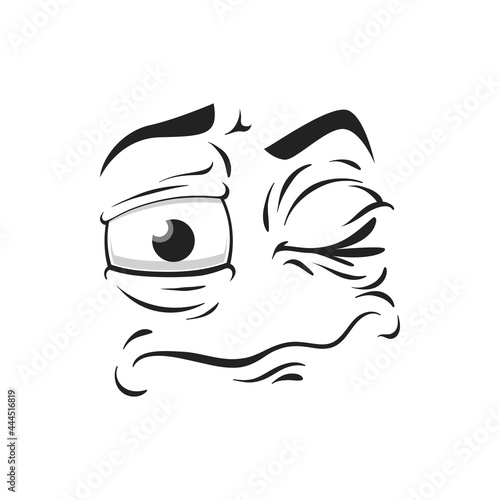 Cartoon face isolated vector icon, rumpled funny sleepy facial emoji with unhappy eyes and sad mouth, comic face emotion isolated on white background