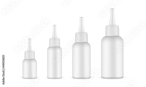 Plastic Bottles Various Sizes with Dropper Long Tip Cap, Isolated on White Background. Vector Illustration