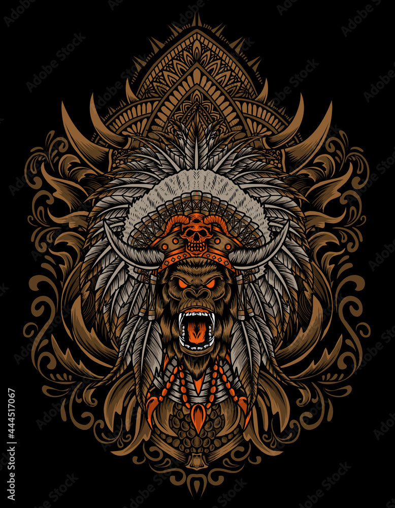illustration vector gorilla head with engraving ornament style illustration vector gorilla head with engraving ornament style