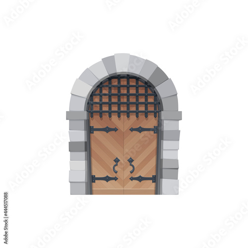 Cartoon door vector icon, medieval wooden gates with stone arch, forged hinges, grating and handles. Fairytale arched entry, palace or castle exterior design element