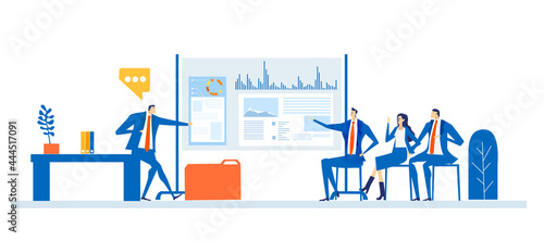 Group of successful business people having a meeting, discussing achievement, analysing the data, making strategy designs. Advising, support and business consulting concept