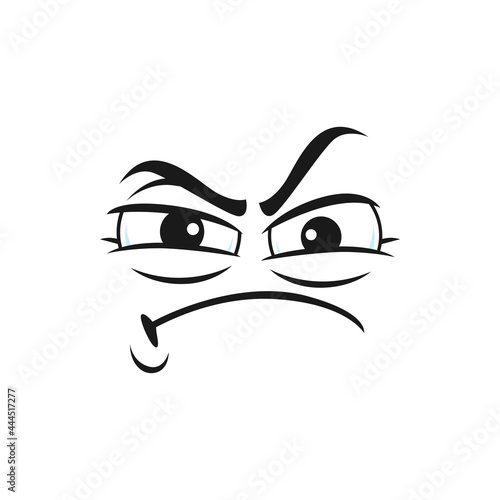 Bored irritated smiley with big eyes, depressed character isolated icon. Vector upset emoticon with sad face expression, annoyed or bored face. Unhappy suspicious emoji offended sorrow head