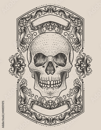 illustration demon skull head with antique engraving ornament