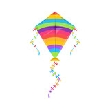 Kite flying Makar Sankranti festival, Indian holiday symbol isolated controllable object in kiteboarding kitesurfing. Vector rainbow color kite with strings or thread, summer holiday leisure hobby