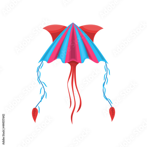 Cartoon kite, Uttarayan International Kites Festival symbol isolated icon. Vector color kite with strings, kids toy flying kite, weightless summer object. Kite-balloon on wind, entertainment object