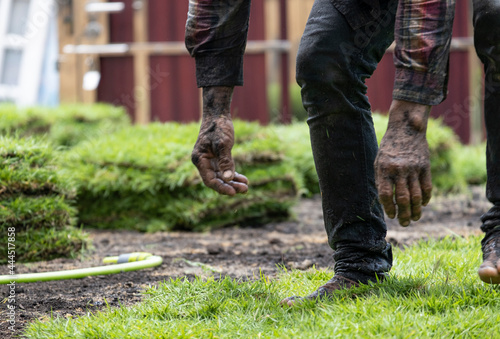 Bilde på lerret dirty hand male worker tramp and spread green grass on dirty floor