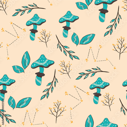 Seamless Pattern with Magic Elements, stars, tooth, plants