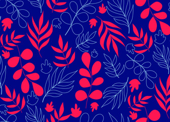 Acrylglasbilder Dunkelblaue Muster Leuchtendes Blättermuster Botanisches Design  © Siadro Anastasiia