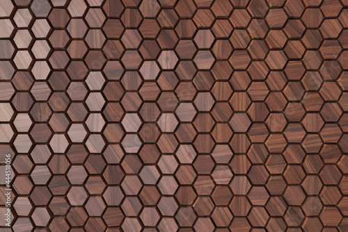 Wood design faceted hexagon 3d panels, 3d rendering