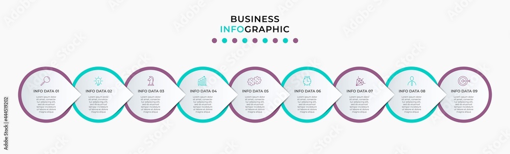 Fototapeta premium Vector Infographic design illustration business template with icons and 9 options or steps. Can be used for process diagram, presentations, workflow layout, banner, flow chart, info graph