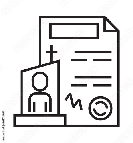 Last will of deceased. Funeral icon vector in thin line style. The coffin with the cross