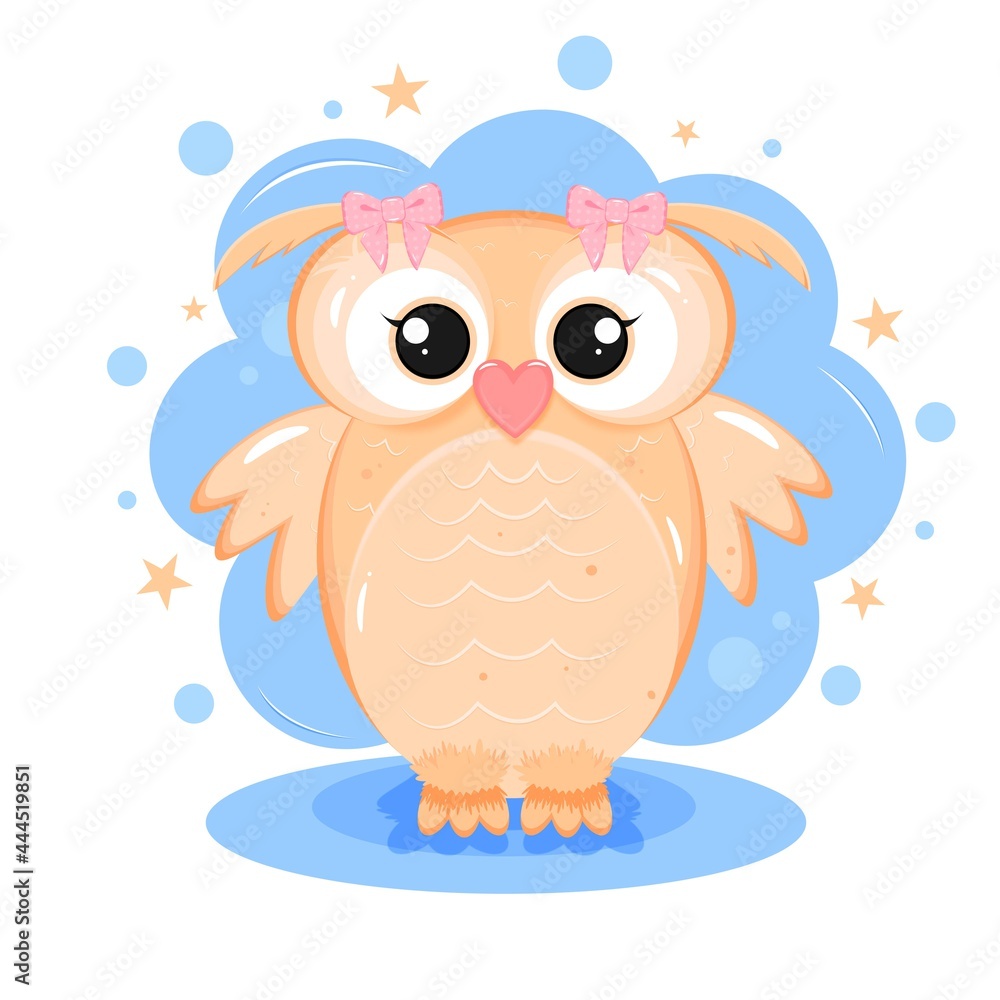 Cute owl with blue cloud and star and pink bow . Baby shower invitation.