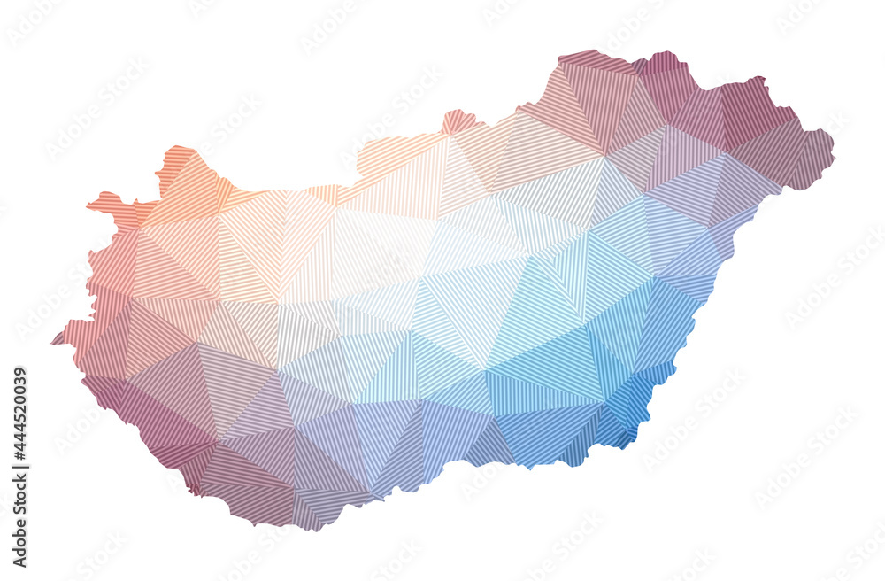 Map of Hungary. Low poly illustration of the country. Geometric design with stripes. Technology, internet, network concept. Vector illustration. Map of Hungary. Low poly illustration of the country. Geometric design with stripes. Technology, internet, network concept. Vector illustration.