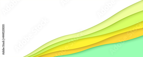 Abstract geometric shapes in paper cut style. Multi layered background. Yellow, orange and green colors. Vector 3d illustration