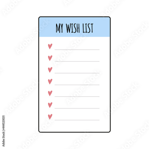Wish list element for bullet journal. Page template with hearts. Wishlist. Vector illustration isolated on white background.