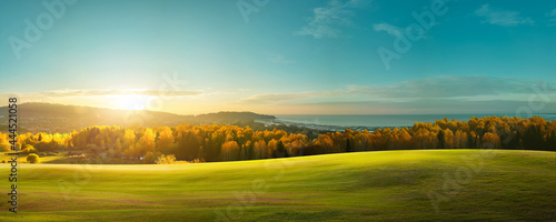 Panorama view of greenfield and beautiful landscape