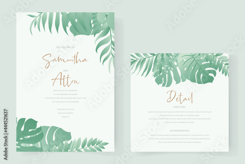 Wedding invitation template with tropical palm leaf design