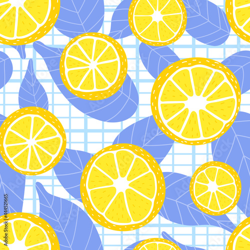 Fresh summer pattern with lemon slices and blue leaves on checkered background, colorful kitchen textile seamless ornate with citrus fruits, tropical design, lemonade theme in scandinavian style