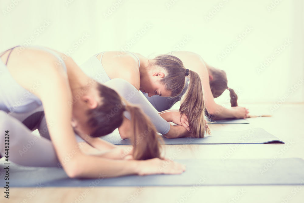 Group of young sporty attractive women in yoga studio, practicing yoga lesson with instructor, sitting on floor in forward bend yoga sana posture. Healthy active lifestyle, working out indoors in gym Group of young sporty attractive women in yoga studio, practicing yoga lesson with instructor, sitting on floor in forward bend yoga sana posture. Healthy active lifestyle, working out indoors in gym