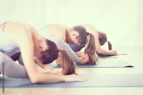 Group of young sporty attractive women in yoga studio, practicing yoga lesson with instructor, sitting on floor in forward bend yoga sana posture. Healthy active lifestyle, working out indoors in gym