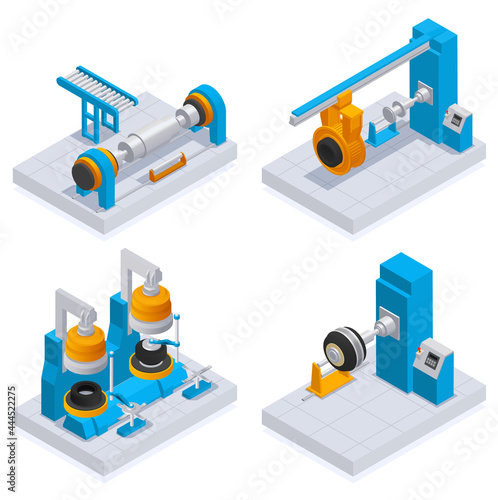 Tire Production Service Isometric Colored Icon Set