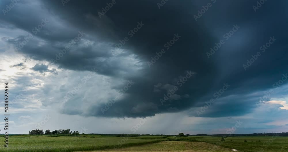 Time lapse of tornado warned supercell storm rolling through the fields in Lithuania, giant rotating wall cloud Time lapse of tornado warned supercell storm rolling through the fields in Lithuania, giant rotating wall cloud