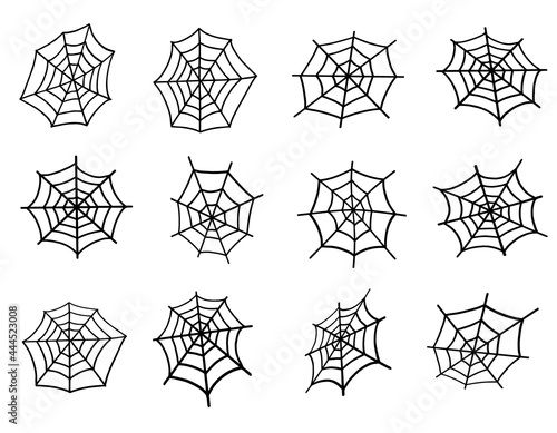 Spider Web set. Web for Halloween, a scary, ghostly, spooky element for design on Halloween. Vector illustration in Doodle style