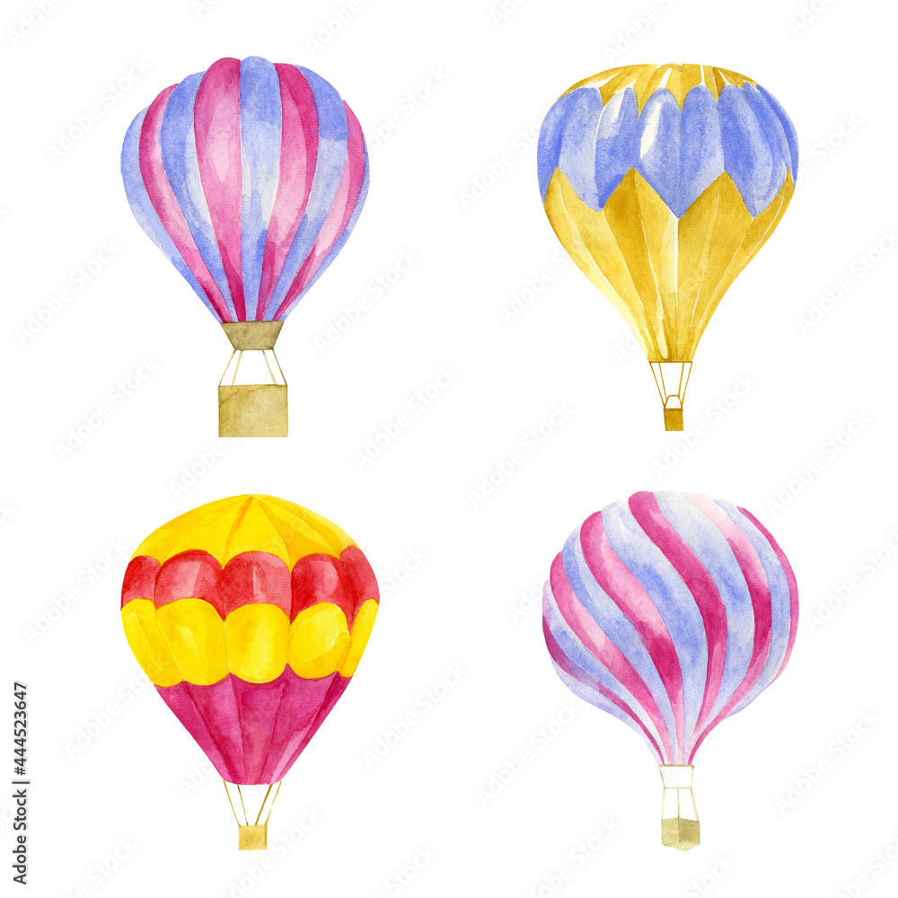 Watercolor-colored air retro balloons. Hand-drawn illustration