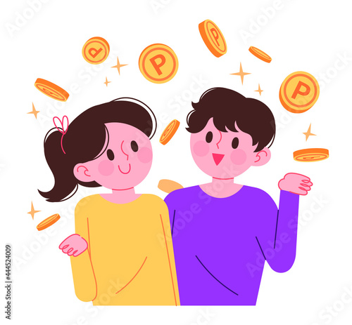 A couple of men and women are receiving point coins falling from the sky in their hands. Shopping Bonuses or Cash Back Points. Event concept vector illustration.