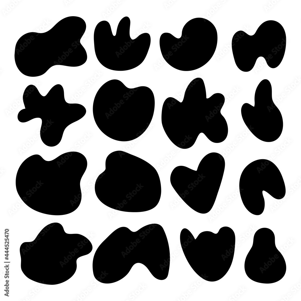 Fototapeta premium Random organic round spot blob pebble shape set. Collection of abstract irregular stains shape in black ink vector illustration isolated on white background. Black doodle blot