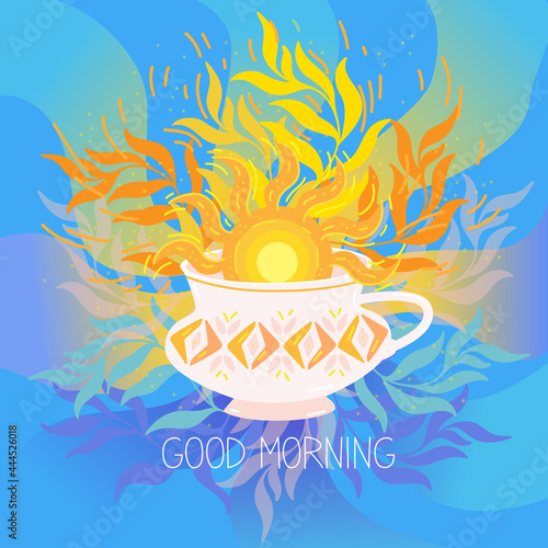 Morning cup of coffee with the sun. The sun rises from a cup of tea. Good morning vector illustration card with sunrise