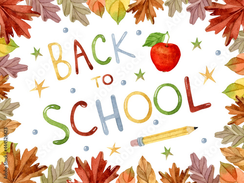 Back to school watercolor frame template with hand drawn lettering