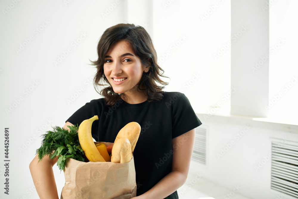 cheerful brunette food bag healthy food vegetables delivery cheerful brunette food bag healthy food vegetables delivery